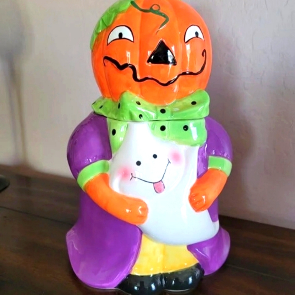 Halloween Cookie Jar Pumpkin Holding his Ghost Friend